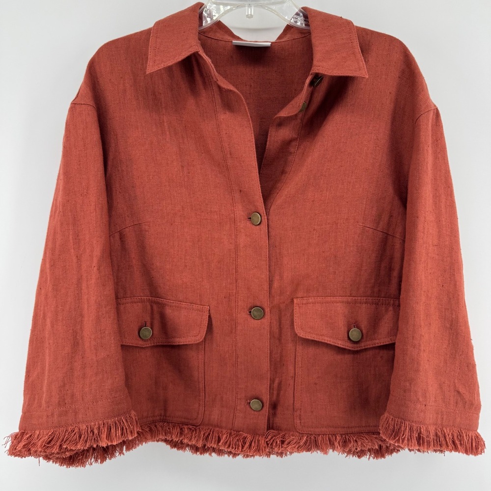 Akris Punto Jacket Womens 12 Orange Linen Fringed Button Front Utility Coat
